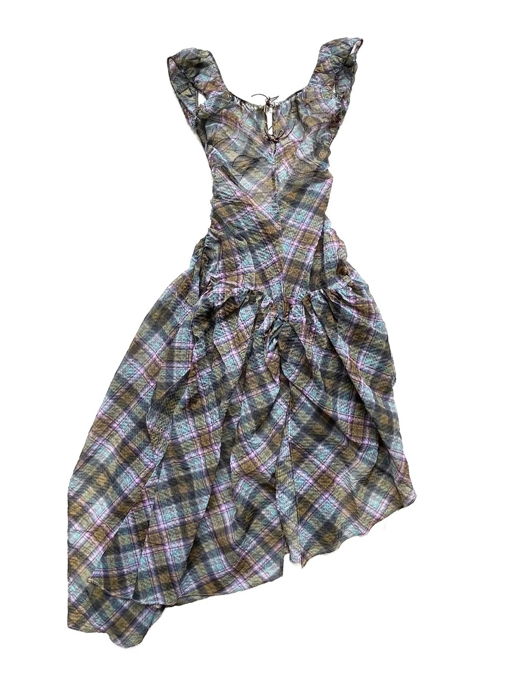 Taottao Plaid Puff Chiffon Asymmetrical Dress Kaleido Plaid